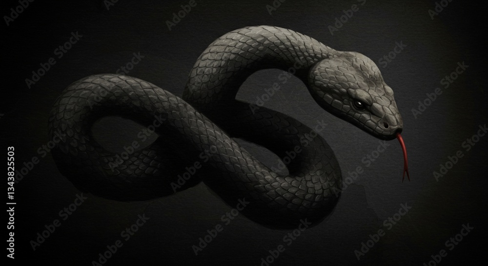 Obraz premium Dark Gray Snake Reptile Coiled Scales Close up Black Background Wildlife Nature Detailed Texture
