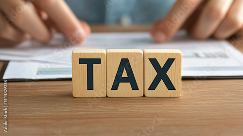 Business tax, Tax sign on table with professionals discussing financial matters
