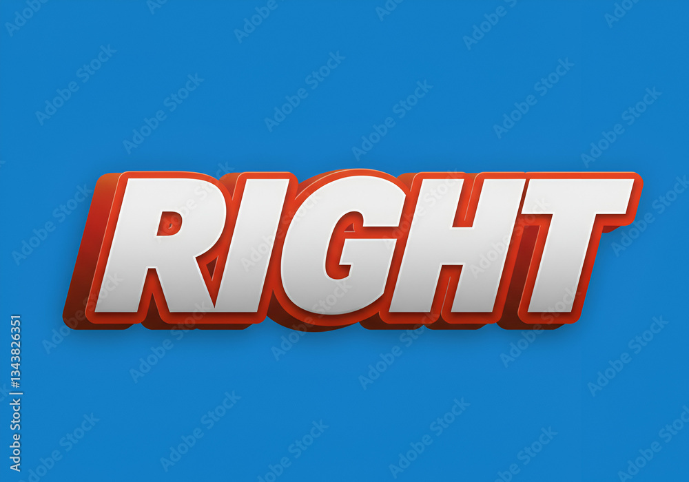 The word 'RIGHT' boldly displayed in striking white 3D letters with a brown outline, standing out against a vivid blue backdrop The word 'RIGHT' boldly displayed in striking white 3D letters with a brown outline, standing out against a vivid blue backdrop