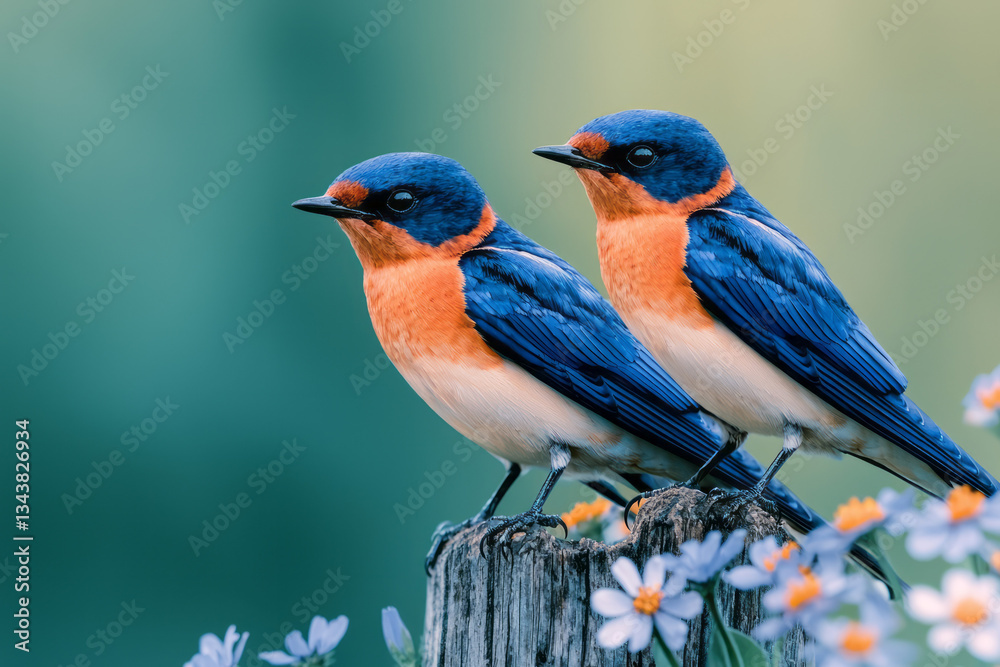 Three barn swallows with deep blue and rust-colored feathers perched on an old wooden fence post, Three barn swallows with deep blue and rust-colored feathers perched on an old wooden fence post,