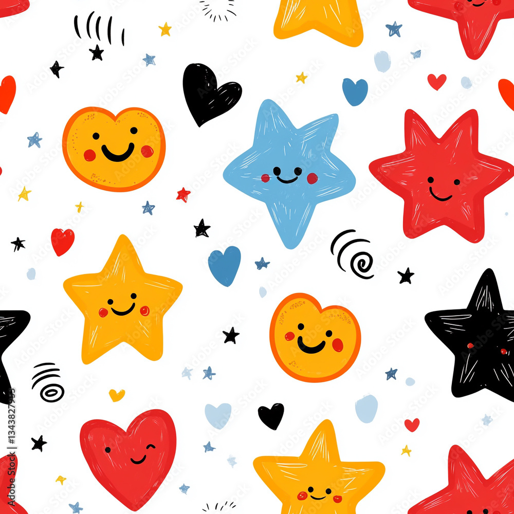 Fototapeta premium seamless pattern Cute doodles of stars and hearts in bright colors