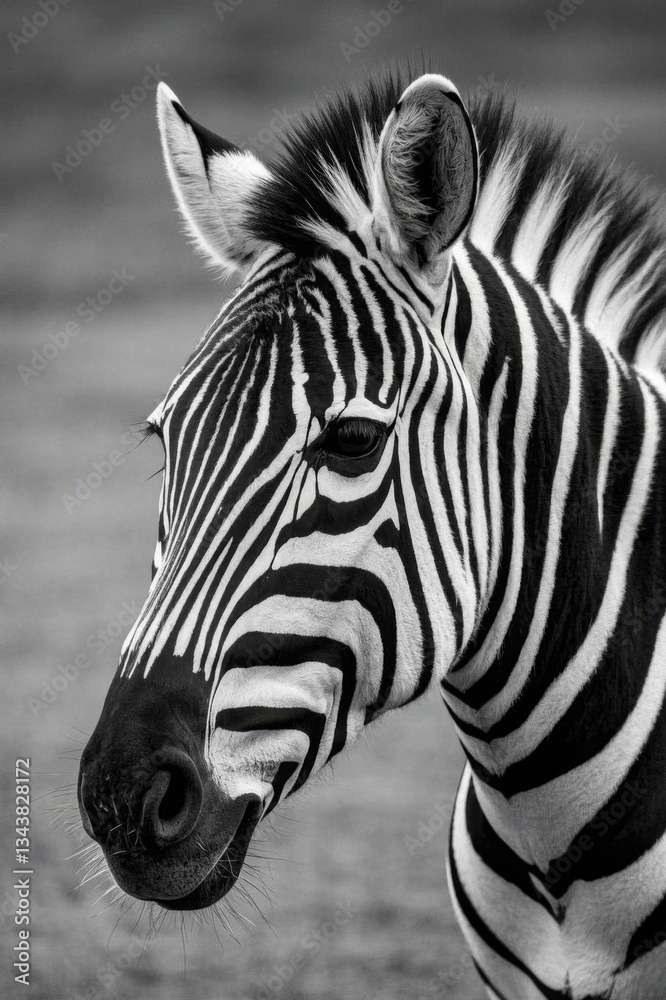 Fototapeta premium zebra standing in a field looking at the camera with a black and white background