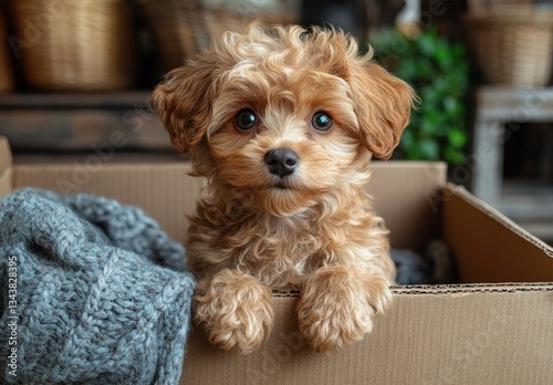 Cute curly-haired puppy sitting in a cardboard box hyper-realistic fluffy dog painting