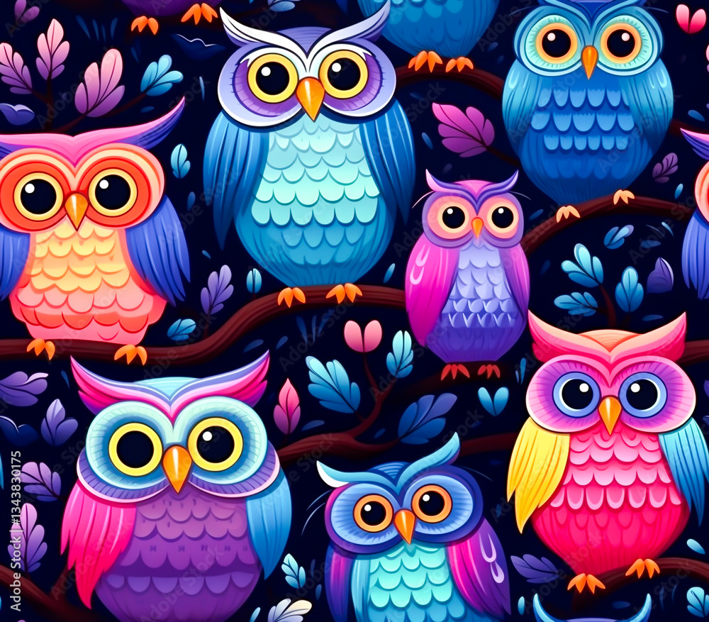 Obraz premium Cartoon owl nature background. Seamless pattern. Modern for design background.