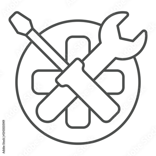 Wrench and screwdriver on plus crossi thin line icon, emergency service concept. Vector graphics. Repair tools and medicine sign on white background, outline style icon for mobile or web design.
