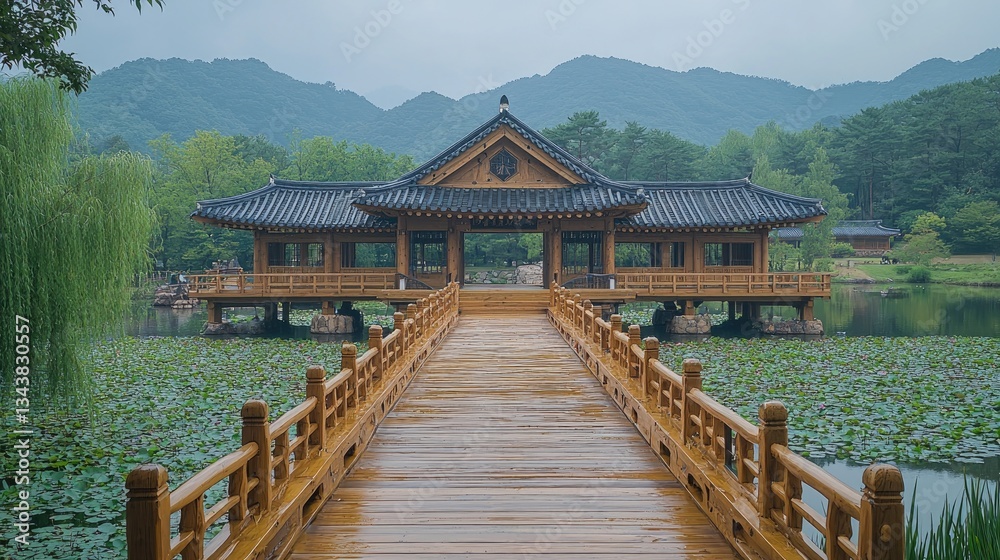 Naklejka premium Tranquil wooden bridge leading to a traditional pavilion surrounded by lush mountains