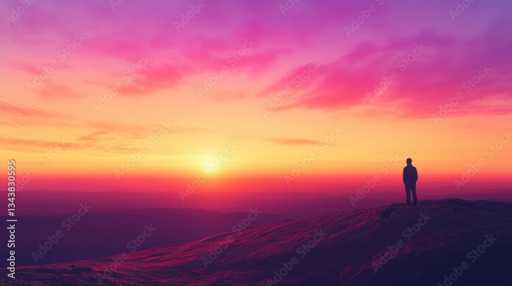 Man standing on a mountain peak during sunset Man standing on a mountain peak during sunset