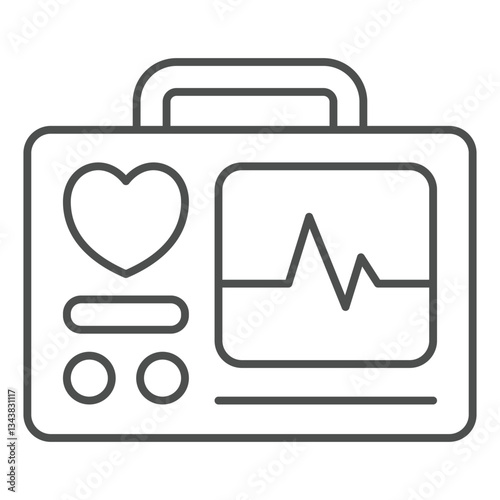 Medical defibrillator thin line icon, emergency service concept. Vector graphics. Ambulance paramedic saviors device sign on white background, outline style icon for mobile or web design.