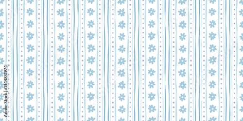 Blue vertical loose floral stripe background print, seamless repeating pattern wallpaper, elegant design