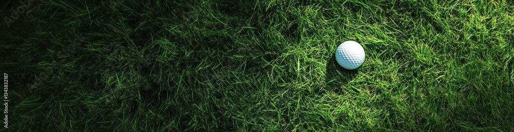Golf ball resting on lush green grass in natural sunlight. Golf ball resting on lush green grass in natural sunlight.