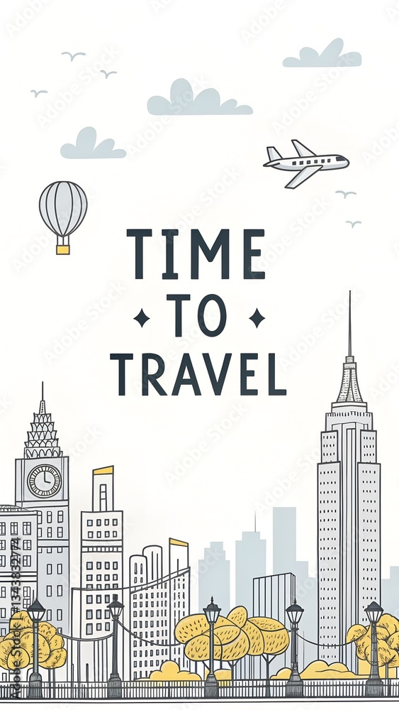 Obraz premium A stylish travel-themed design with Time to Travel text placed above an elegant city skyline, including iconic world monuments. For marketing materials, social media, digital prints.