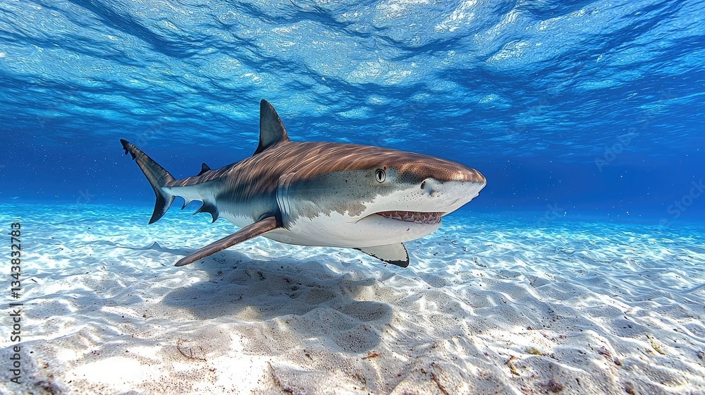Fototapeta premium Majestic shark gliding through clear ocean waters, showcasing marine life beauty