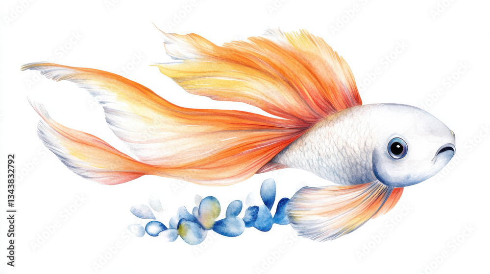Fototapeta premium Watercolor illustration of a goldfish with flowing orange fins surrounded by delicate blue flowers hand painted realistic underwater animal art on a white isolated background