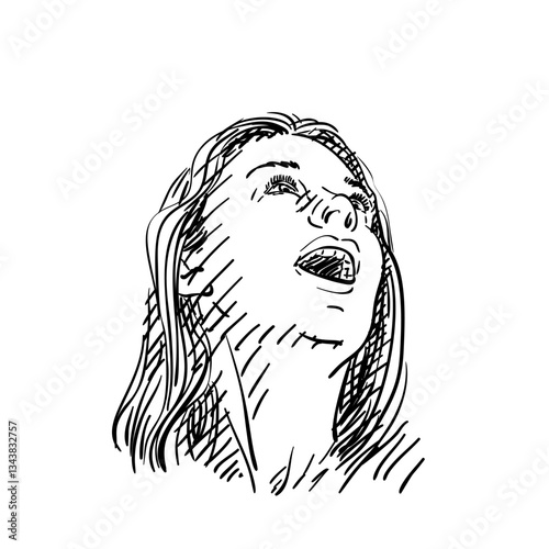 Hand drawn sketch of a woman's head tilted upward with an open mouth, expressing joy, freedom, deep emotion. Black and white line art with expressive strokes and shading, isolated on white background