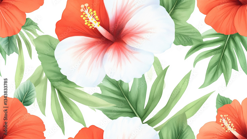 Fototapeta premium seamless pattern Vibrant hibiscus flowers with lush green leaves