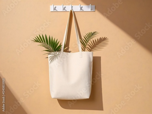 A white tote bag hangs on a hook, with a green plant and a shadow cast on a peach-colored wall.