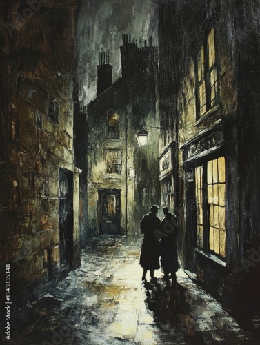 Figures walking down dimly lit alleyway.