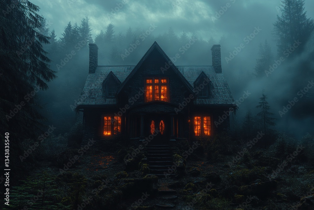 Haunted house in desolate forest with glowing windows under stormy sky Haunted house in desolate forest with glowing windows under stormy sky