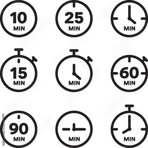 Timer, clock, stopwatch isolated set icons. Countdown timer symbol icon set. Label cooking time. Vector illustration.