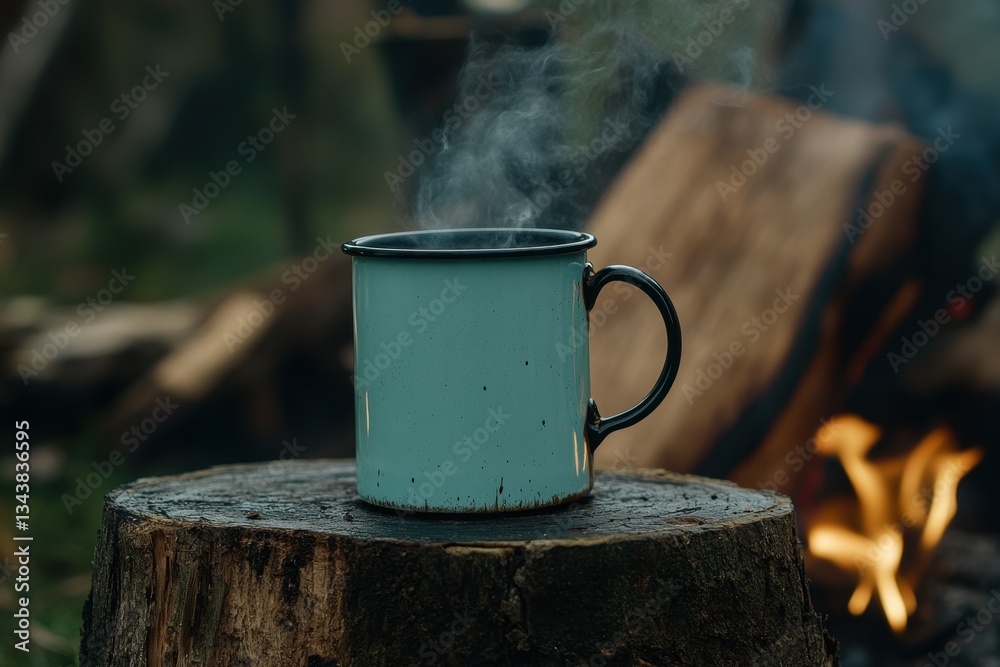 Steaming mug on a tree stump near a campfire in the woods. Steaming mug on a tree stump near a campfire in the woods.