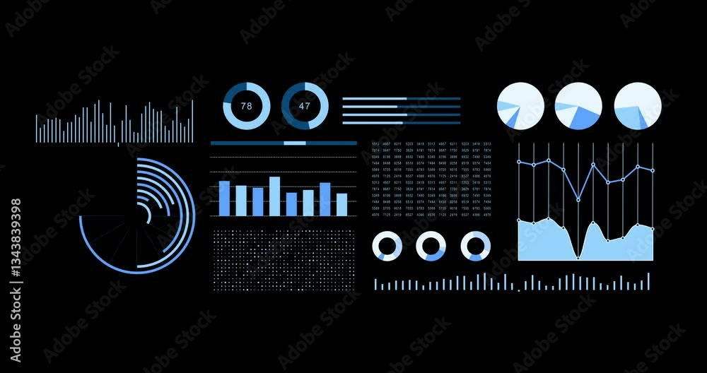 Animated business statistics infographic with blue data, graphs and diagrams on black background with copy space
