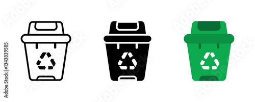 Trash bin icons, Garbage bin, Waste container, Rubbish bin, Trash can, Dustbin, Garbage container, Dumpster isolated on white background, Waste disposal symbols