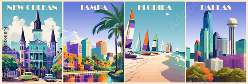 Set of USA travel destination posters in retro style. Dallas, Tampa, New Orleans landscapes colorful vector illustrations