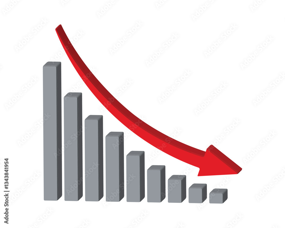 Red 3d arrow going down stock icon on white background. Bankruptcy, financial market crash icon for your web site design, logo, app, UI. graph chart downtrend symbol.chart going down sign. Red 3d arrow going down stock icon on white background. Bankruptcy, financial market crash icon for your web site design, logo, app, UI. graph chart downtrend symbol.chart going down sign.