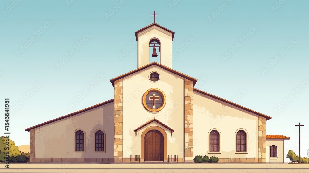 Fototapeta premium A serene church stands tall under a clear sky, surrounded by trees, symbolizing peace and community gathering