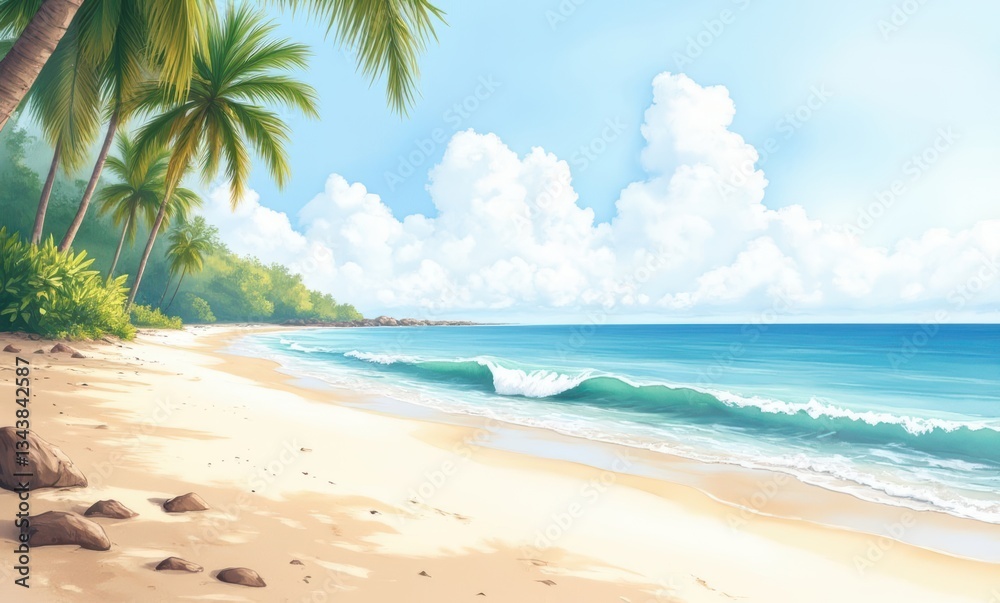 Serene tropical beach with palm trees and blue skies Serene tropical beach with palm trees and blue skies