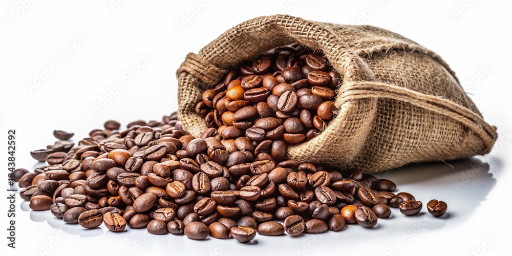 Fototapeta premium Coffee Beans in Burlap Sack, Isolated on White Background - High-Resolution Stock Photo