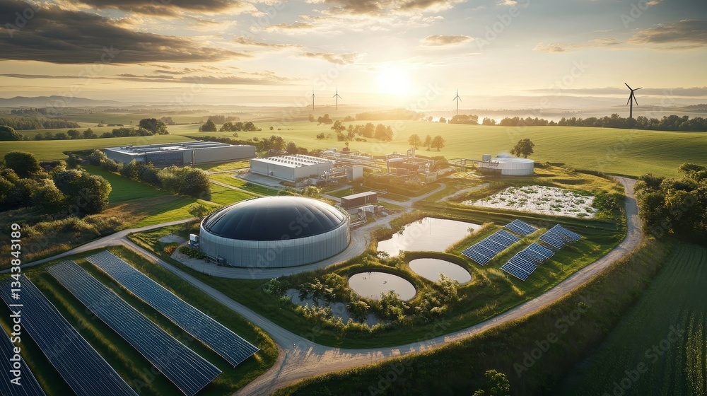 Obraz premium Sustainable energy production biogas plant aerial view rural setting gigapixel quality environmental impact