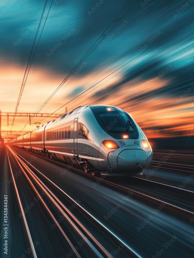 Obraz premium Train on Sunset Train Tracks