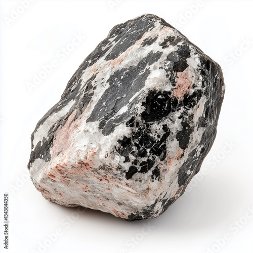 Granite rock featuring feldspar crystals displayed on a white background