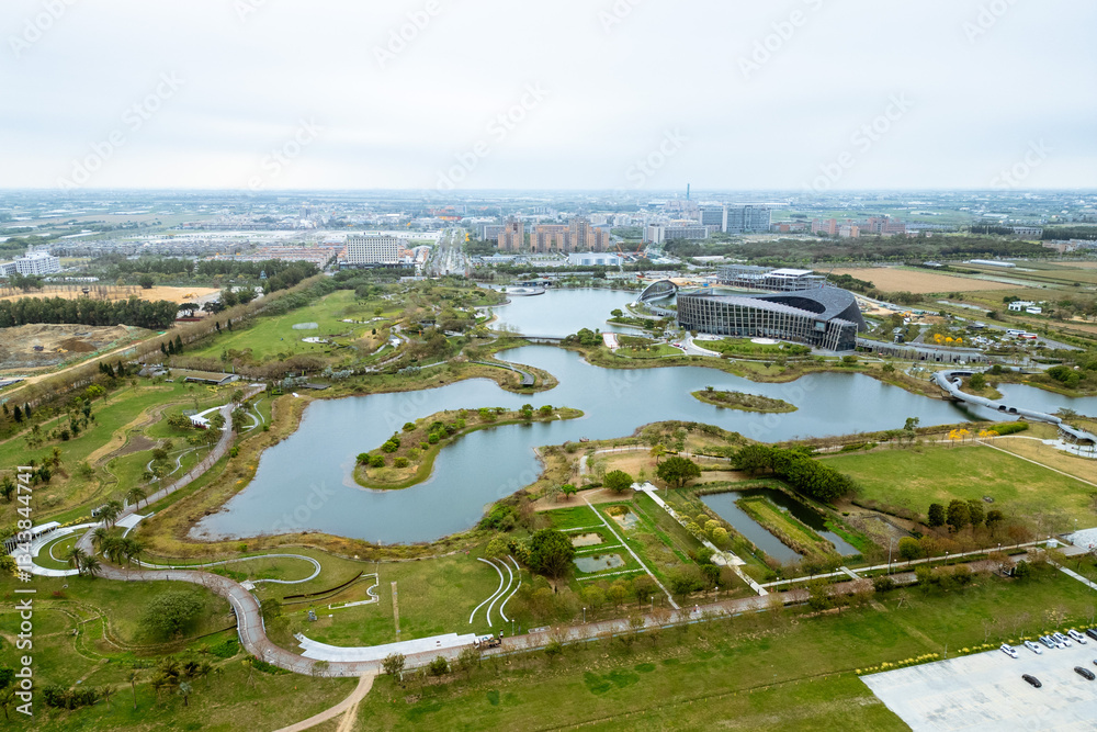 Fototapeta premium Aerial view of Southern Branch of The National Palace Museum in Chiayi, Taiwan