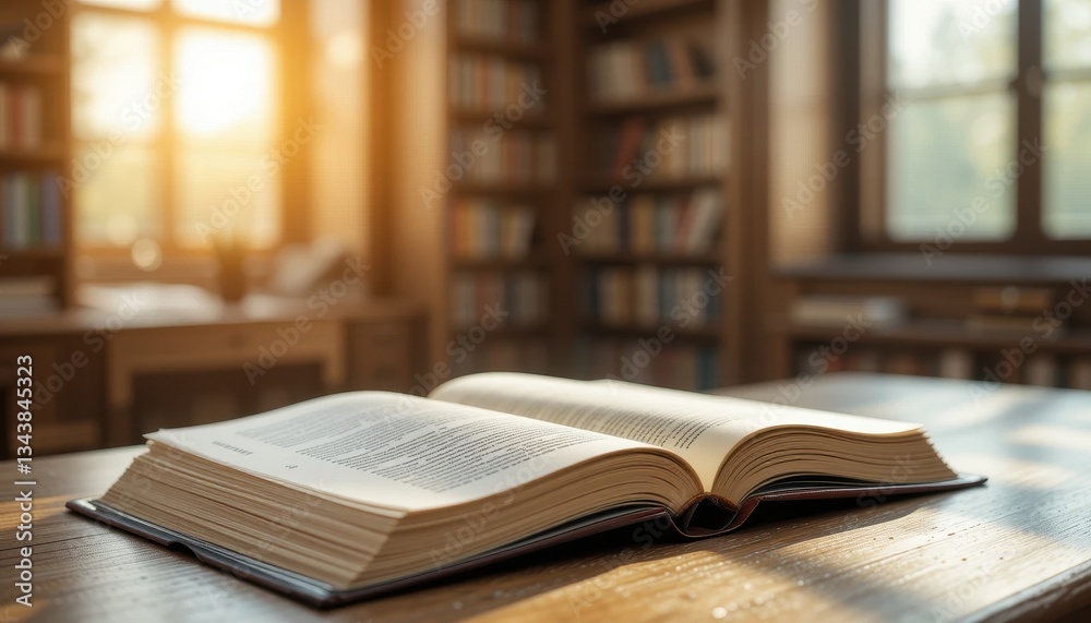Open Book on Wooden Table in Sunlit Library with Bookshelves Open Book on Wooden Table in Sunlit Library with Bookshelves