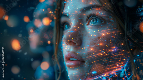 A young AI woman looking through the glass