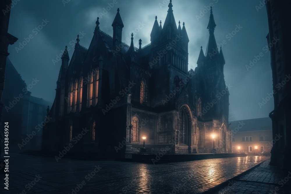 Obraz premium Gothic Castle Night Landscape with Fog and Ominous Windows