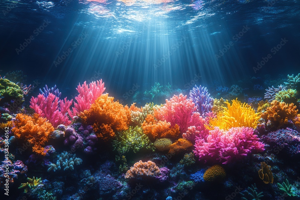 Fototapeta premium Underwater Coral Reef Scene with Fish and Seaweed in Shallow Water