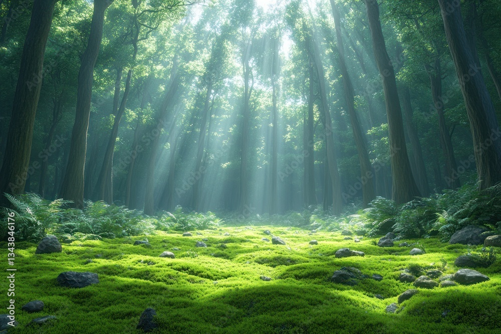 Obraz premium Misty Jungle Rainforest with Sun Rays and Fog in Tropical Nature Landscape