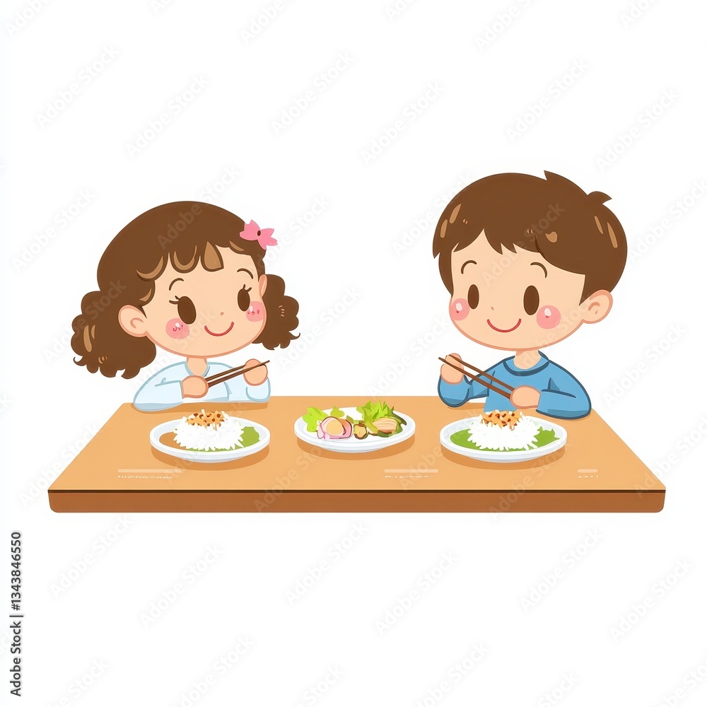 Happy Children Enjoying a Simple Meal at Wooden Table Happy Children Enjoying a Simple Meal at Wooden Table