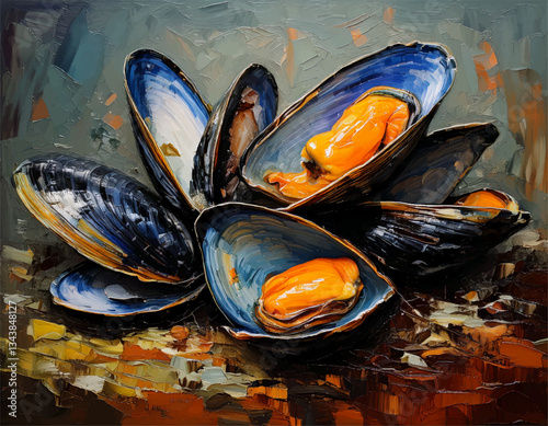cooked mussels painting, fresh mussels on a grunge background, mussels on a blue background, watercolor painting illustration of a mussels, colorful mussels painting