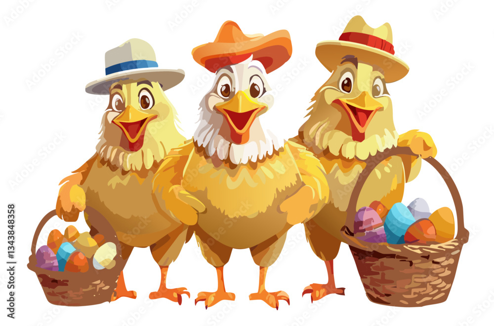Obraz premium Group of adorable smiling chickens in funny hats surrounded by Easter baskets, vector illustration on white background.
