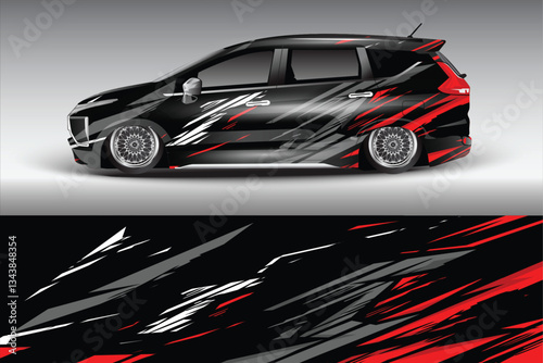 Stylish black car with dynamic red and gray graphics parked against a soft gradient background