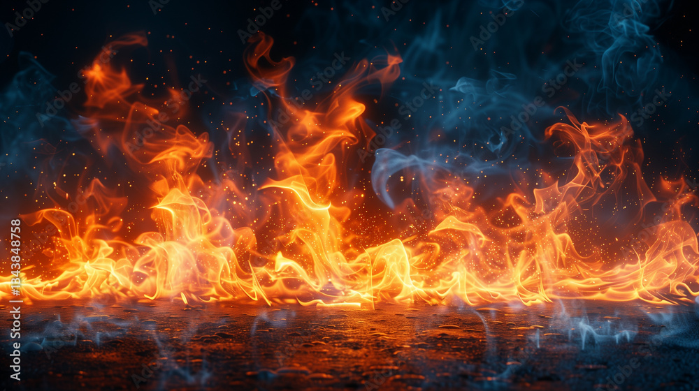 Fototapeta premium Fire flames on black background. Blaze fire flame background and textured