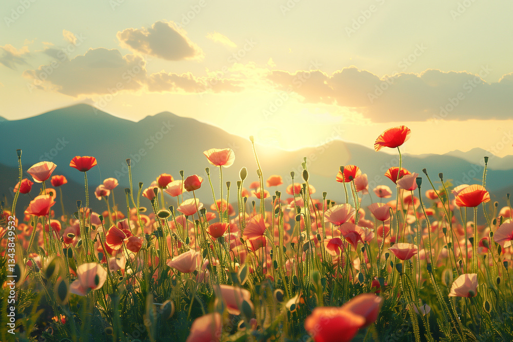 Fototapeta premium meadow with red poppies blue sky in the background