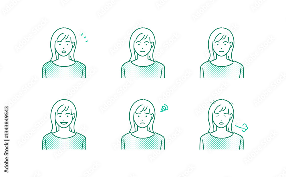 若い女性の表情豊かなシンプルなアバター素材イラストセット 若い女性の表情豊かなシンプルなアバター素材イラストセット