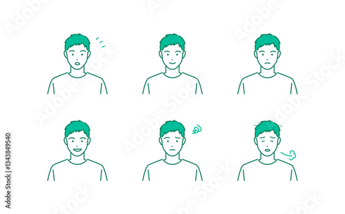 若い男性の表情豊かなシンプルなアバター素材イラストセット