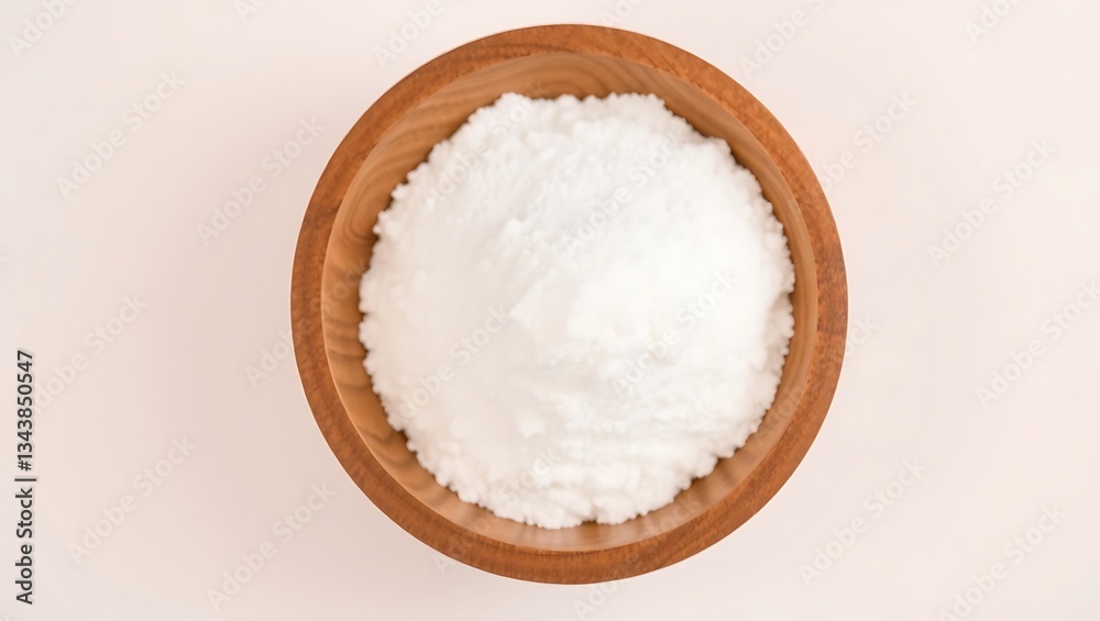 Overhead View of Baking Soda in Wooden Bowl Overhead View of Baking Soda in Wooden Bowl