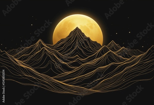 A wonderful Golden Line Art Mountain Landscape with Full Moon on Dark Background 